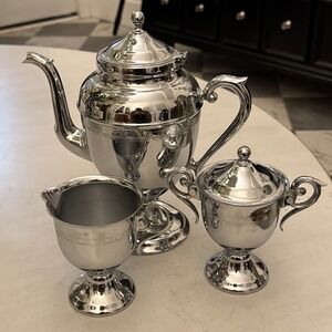 Silver Brass Teapot, Creamer Bowl and Sugar Bowl Set Very Good